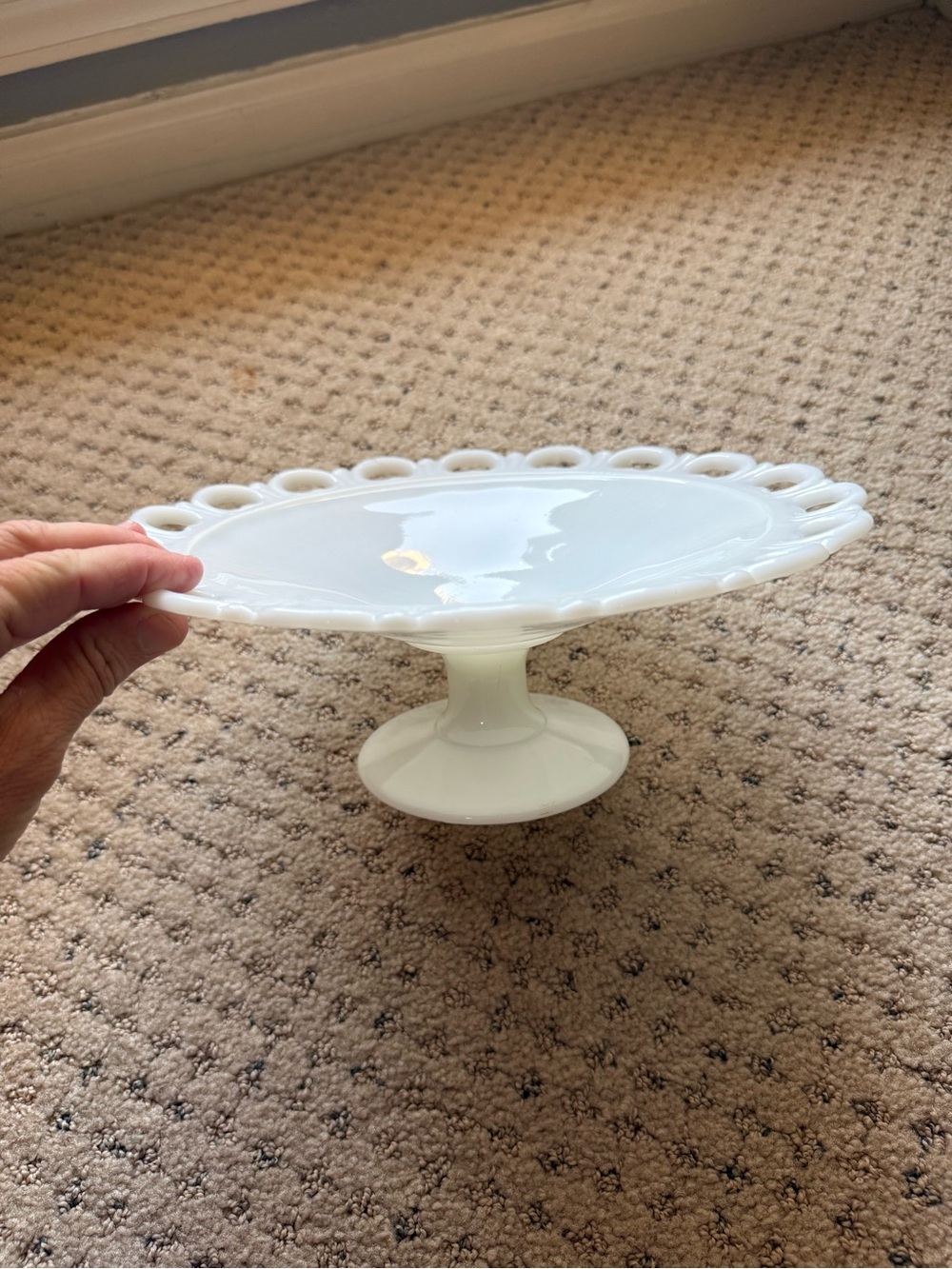 Anchor Hocking Serving Bowl Pedestal Milk Glass Lace Edge Compote Fruit Bowl